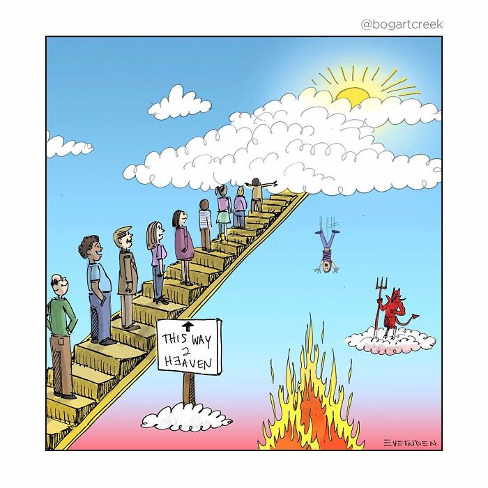People ascending stairs labeled "This Way to Heaven" with a man falling toward the devil, by Derek Evernden.