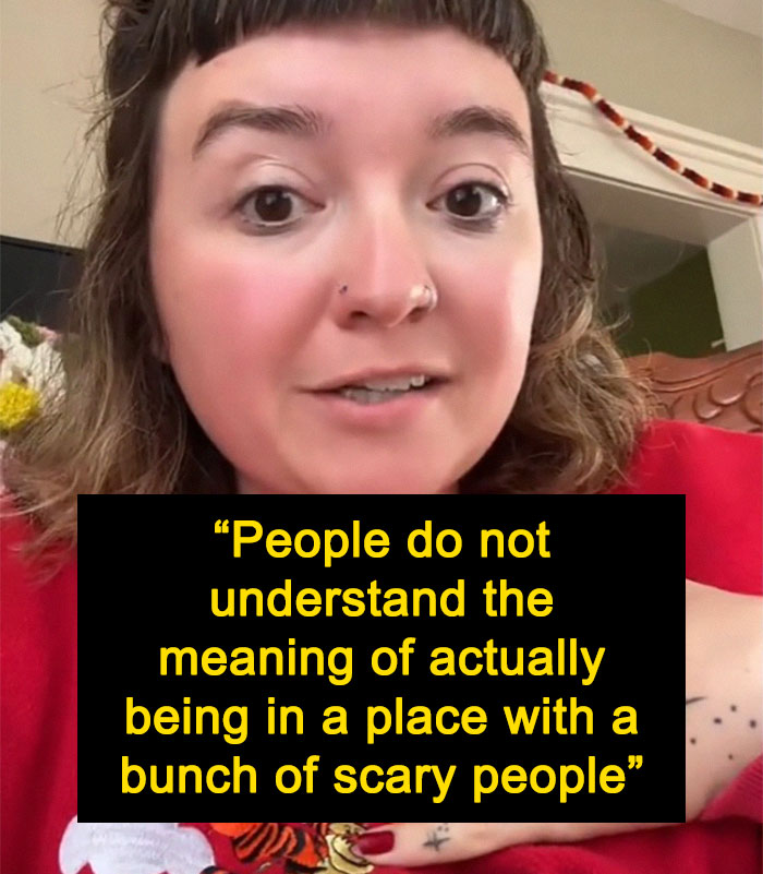 Woman shares unfiltered thoughts after moving to a blue state, wearing a red shirt with quote overlay.
