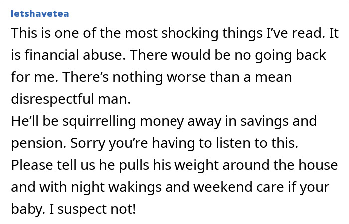 Image showing a comment on financial abuse related to maternity leave and shared responsibilities.