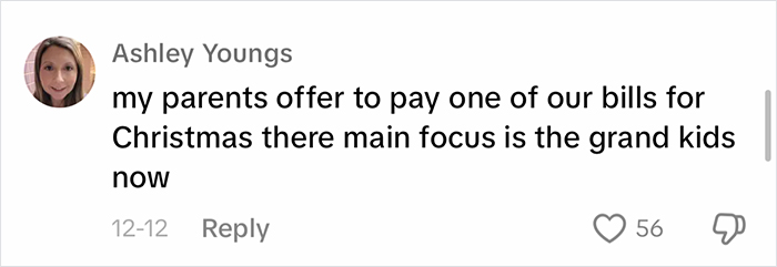 Comment about parents prioritizing grandchildren over buying individual gifts, receiving 56 likes.