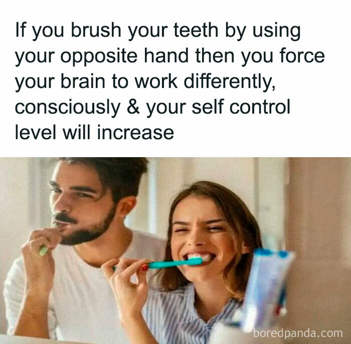 Couple brushing teeth with opposite hands for brain exercise, promoting self-control, in a bathroom setting.