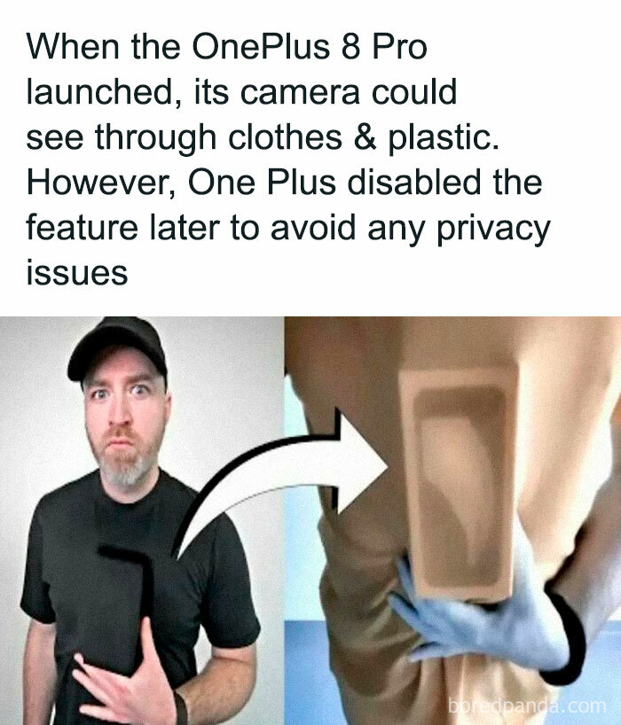 Man demonstrating an undiscovered fact about the OnePlus 8 Pro camera's x-ray feature with an arrow pointing to effect.