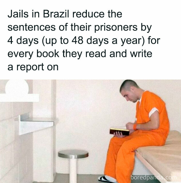 Prisoner in orange uniform reading a book in a cell, related to undiscovered facts about sentence reduction in Brazil.