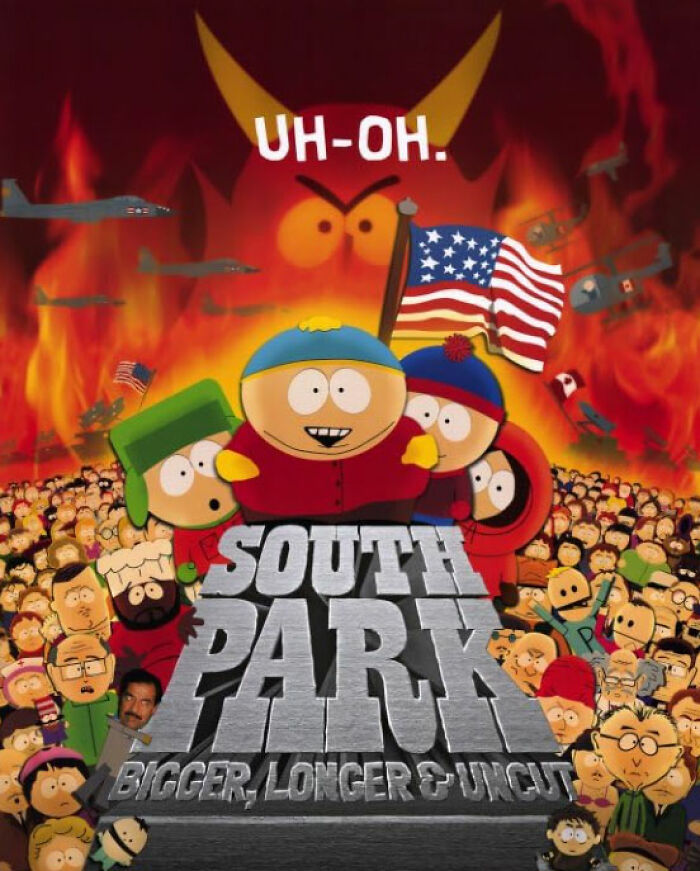 South Park movie poster with characters in front of a fiery background and a large "Uh-Oh" in the sky.