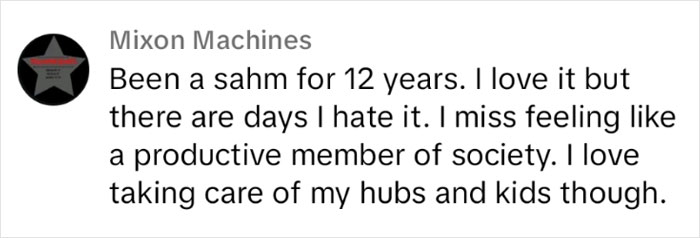 Comment on motherhood and societal roles, capturing personal reflections on balancing family life.