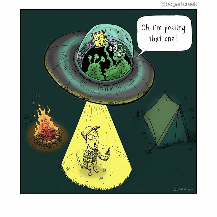 Alien UFO beams light on camper in forest, capturing photo.