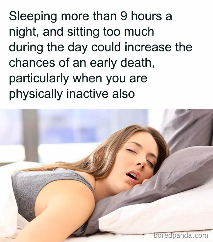 Woman sleeping in bed; text about health risks from over-sleeping and inactivity. Undiscovered fact about sleeping habits.