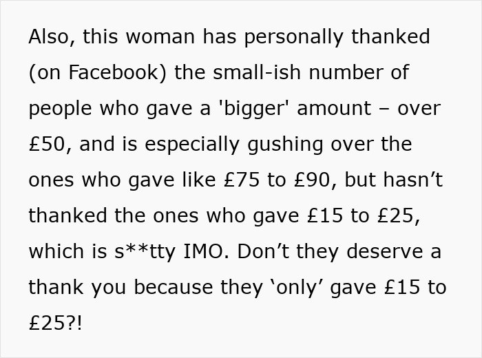 Text criticizing a woman's selective gratitude on Facebook for donations towards her daughters' exotic trip.