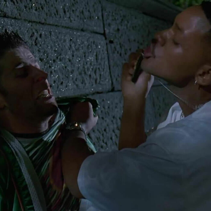 Two men in an intense movie scene creating a dramatic moment, linked to jokes that took years to understand.