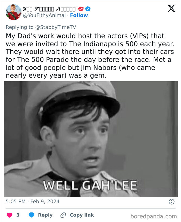 Black and white image of a man in uniform with surprised expression, captioned "WELL GAH'LEE"; Nicest Hollywood celebrities mentioned.