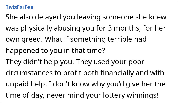 Text screenshot discussing greed and refusing to share lottery winnings. Text screenshot discussing greed and refusing to share lottery winnings.