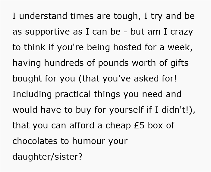 Text about family struggles with gift expectations and financial challenges.