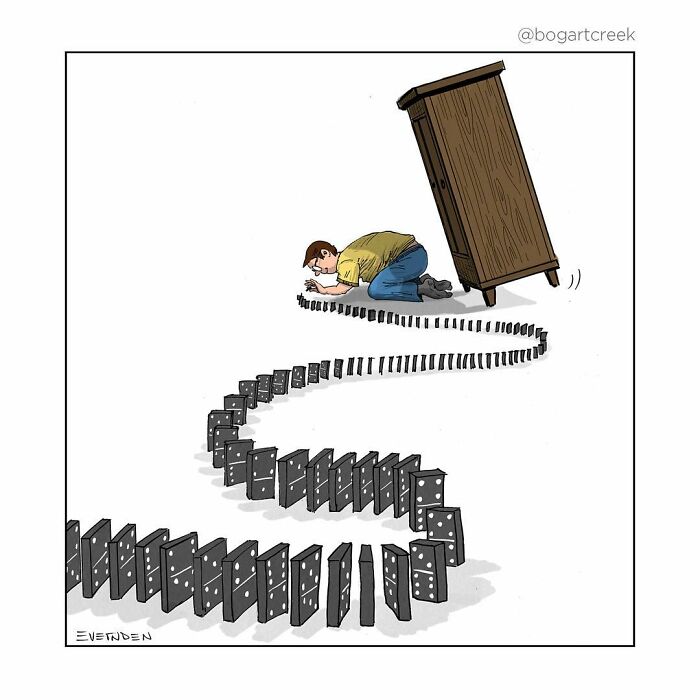 Man triggers falling dominoes, causing a wardrobe to tip in a humorous comic with darker undertones by Derek Evernden.