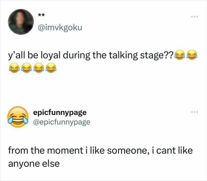 Two humorous tweets about loyalty in relationships, featuring laughing emojis.