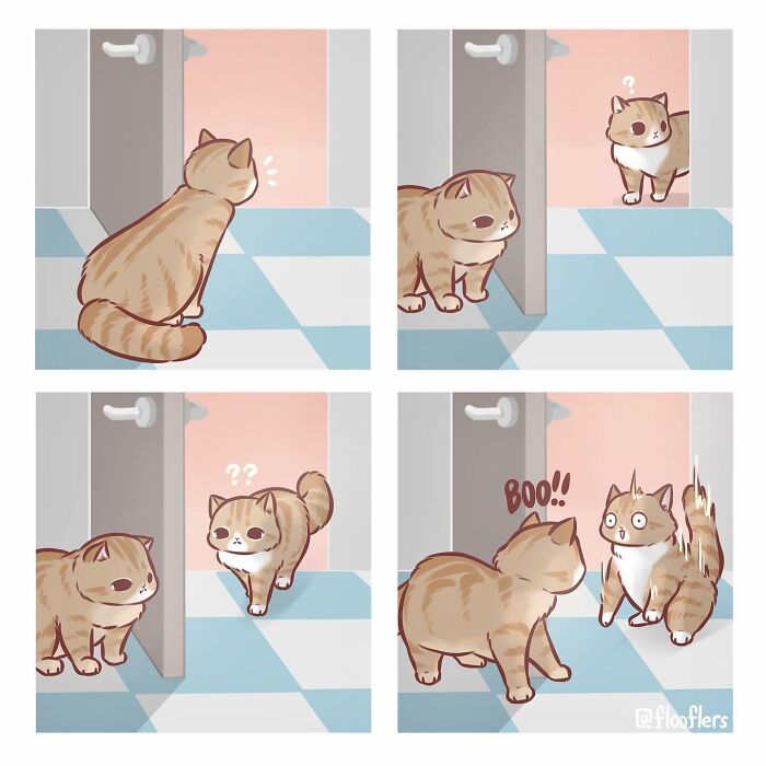 4-panel comic of a cat video illustration. A curious cat gets startled by another cat with a playful "Boo!".