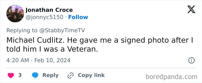 Tweet about meeting a nice Hollywood celebrity, Michael Cudlitz, who gave a signed photo to a veteran.