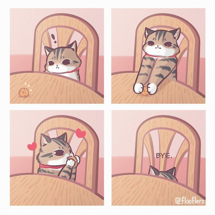 Cat illustration in a 4-panel comic. Adorable feline antics with hearts and humor. Hilariously cute cat comic art.