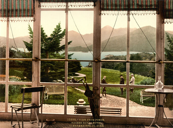 View from porch of Roche's Royal Hotel, showcasing scenic landscape in one of the oldest color photos from 100 years ago.