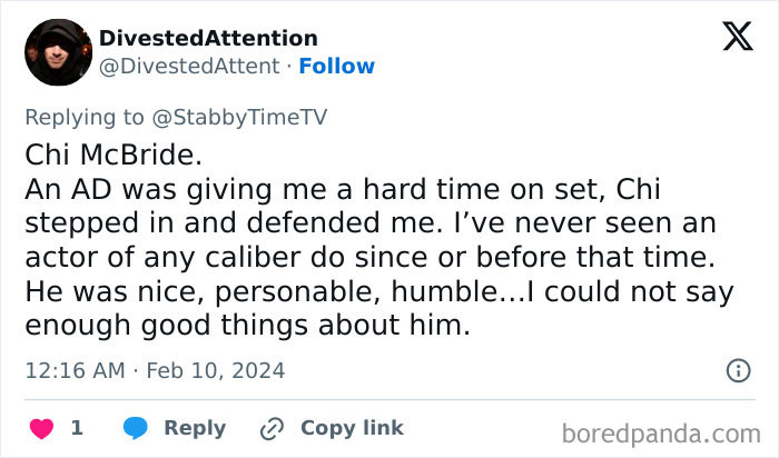 Testimonial about the nicest Hollywood celebrities, praising Chi McBride's kindness and humility on set.