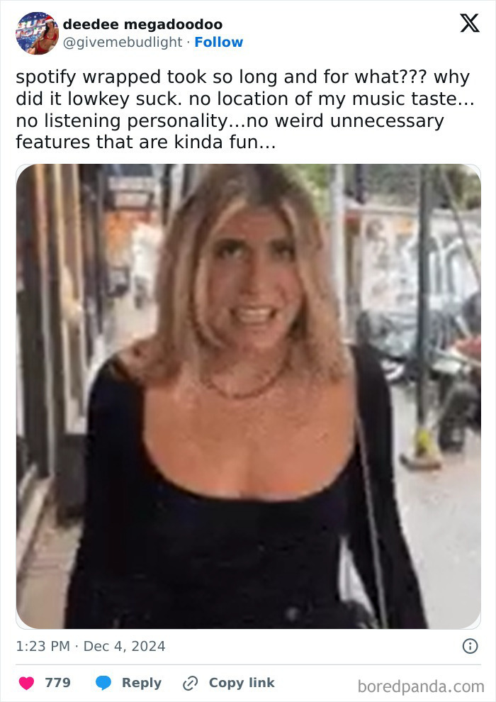 Person reacting to Spotify Wrapped 2024 with disappointment, questioning the absence of fun features in a tweet.