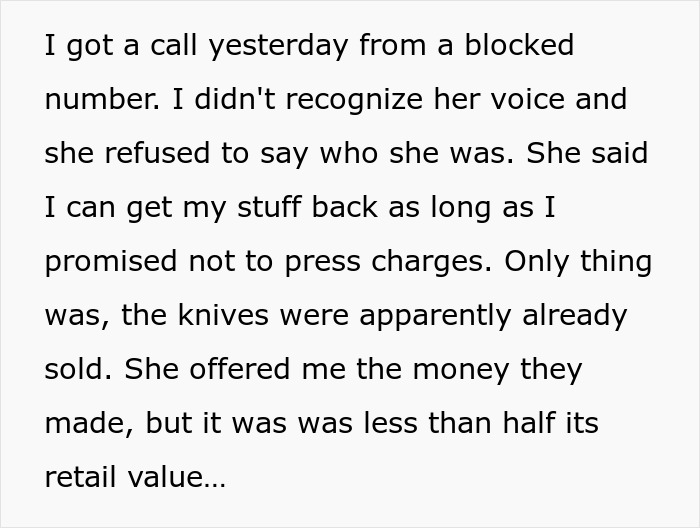 Text message from a roommate describing stolen apartment items and recovery attempt.