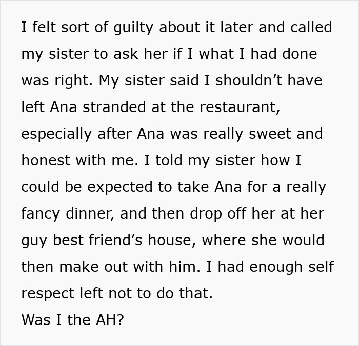 Text discussing guilt over leaving a Bumble date stranded at a restaurant.