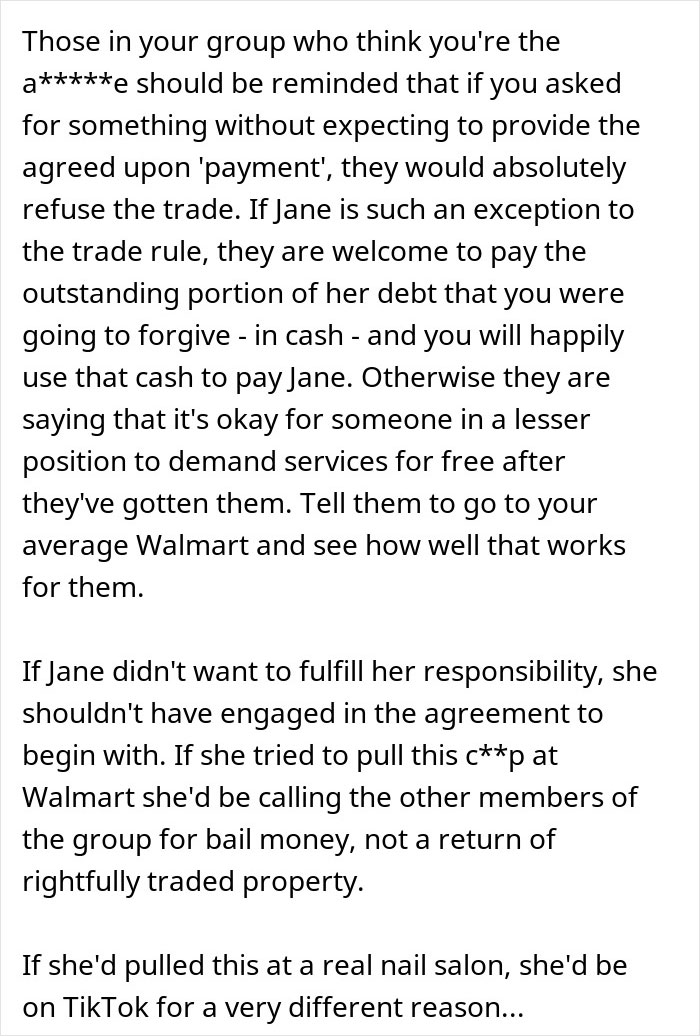 Text discussing group dynamics and requests for payment after providing services. Text discussing group dynamics and requests for payment after providing services.