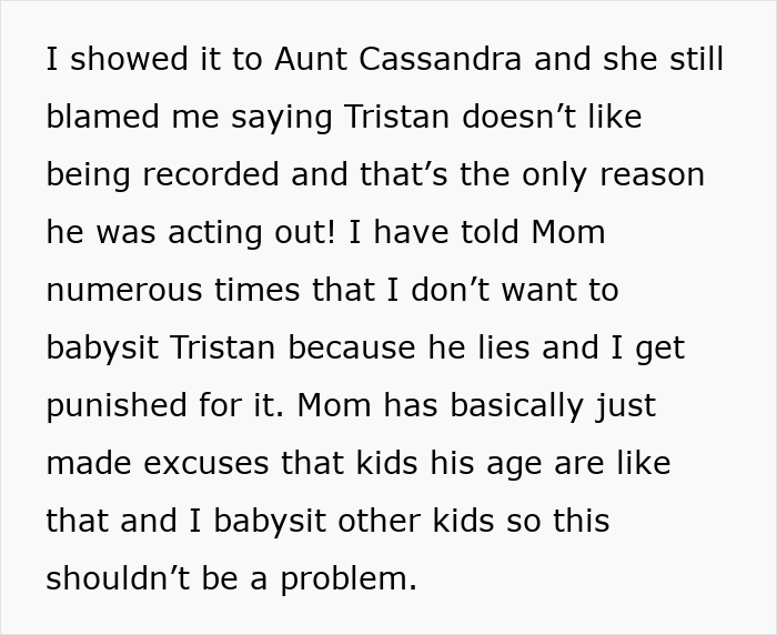 Text exchange discussing babysitting frustrations with a lying cousin.