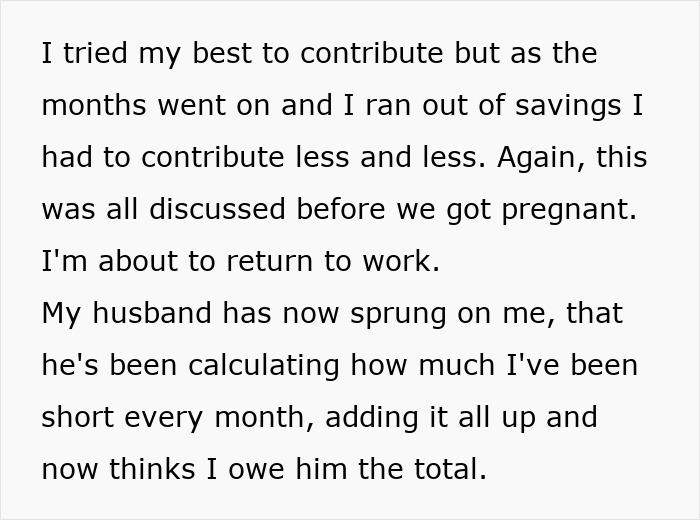 Woman shocked by husband's maternity leave expenses calculation, financial strain discussed in text excerpt.