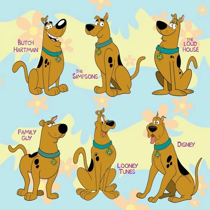 Pop culture characters depicted in different cartoon styles including The Simpsons, Family Guy, and Disney versions of Scooby-Doo.