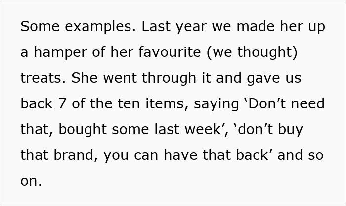 Text example of a mother-in-law rejecting gift items, questioning her daughter-in-law's choices.