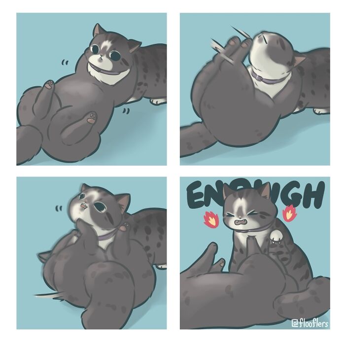 4-panel comic of a cat rolling over playfully, then angrily stopping, illustrating cat video humor.
