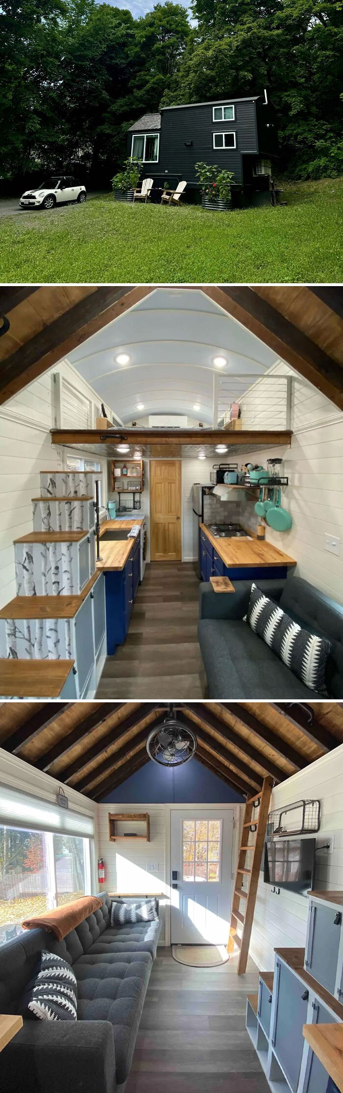 Tiny home exterior and interior with modern design, cozy living area, and compact kitchen space.
