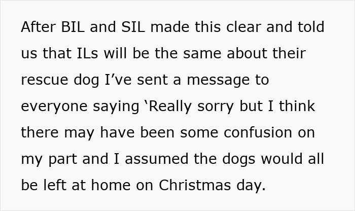 Text message about uninvited dogs at family Christmas party.