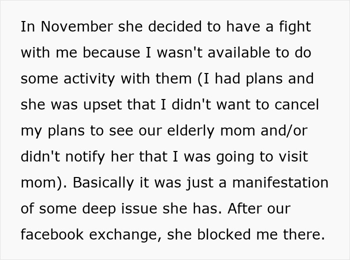 Text about a single mother's family conflict around Christmas, detailing a sister's dispute over shared plans.