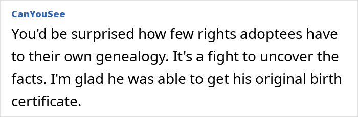 Screenshot of a comment discussing adoptees' rights to their genealogy, mentioning uncovering facts and a birth certificate.
