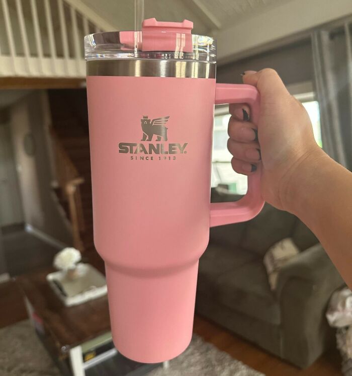 Person holding a large pink Stanley tumbler, an example of trending items in 2024 people might find overexposed.