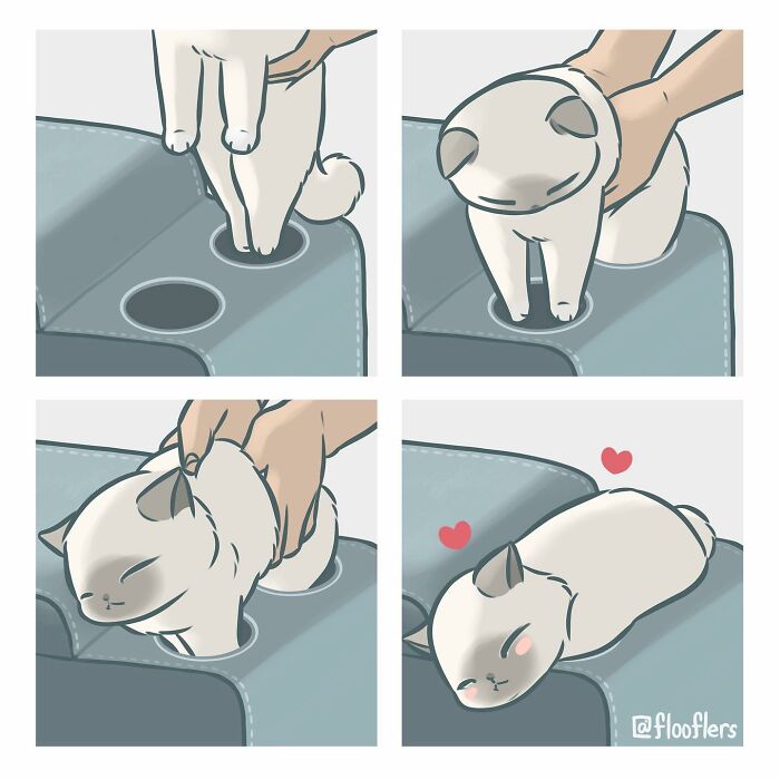Cat video inspired comic in 4 panels, showing a cute cat contentedly fitting into a small hole, with hearts above its head.