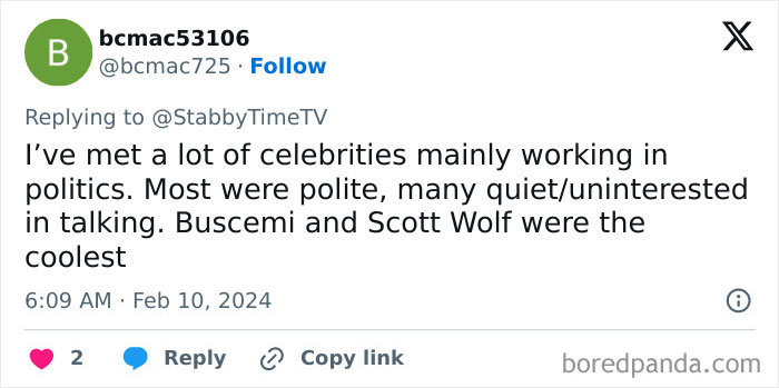Twitter post about meeting celebrities; Buscemi and Scott Wolf described as the nicest.