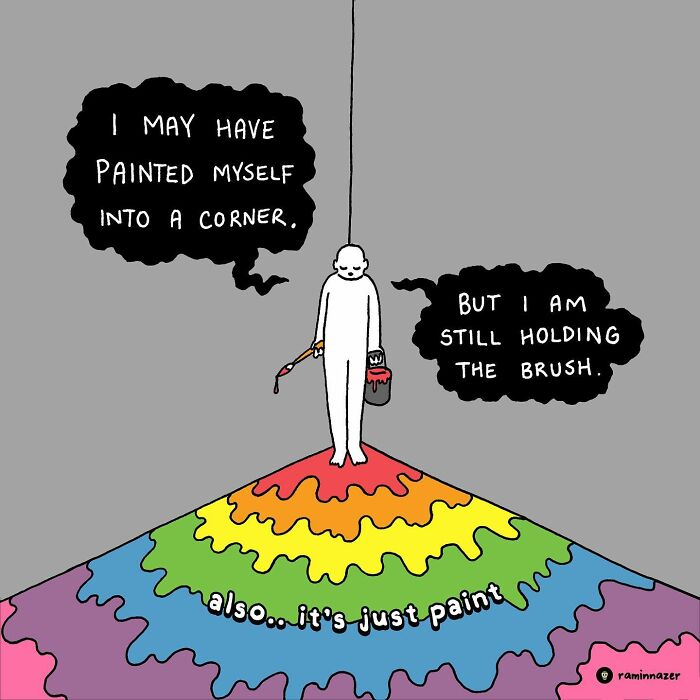 Vibrant illustration by Ramin Nazer with a figure holding a paintbrush, standing in colorful paint with inspirational text.