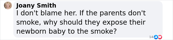 Comment discussing third-hand smoke risks for newborns with non-smoking parents.