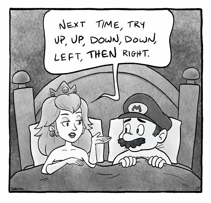 A witty one-panel comic by Quickies featuring two characters in bed discussing a classic video game cheat code.