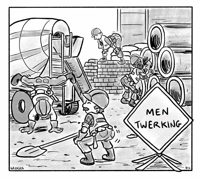 Comic by Quickies showing construction workers twerking, with a sign reading "Men Twerking" in a humorous one-panel setting.