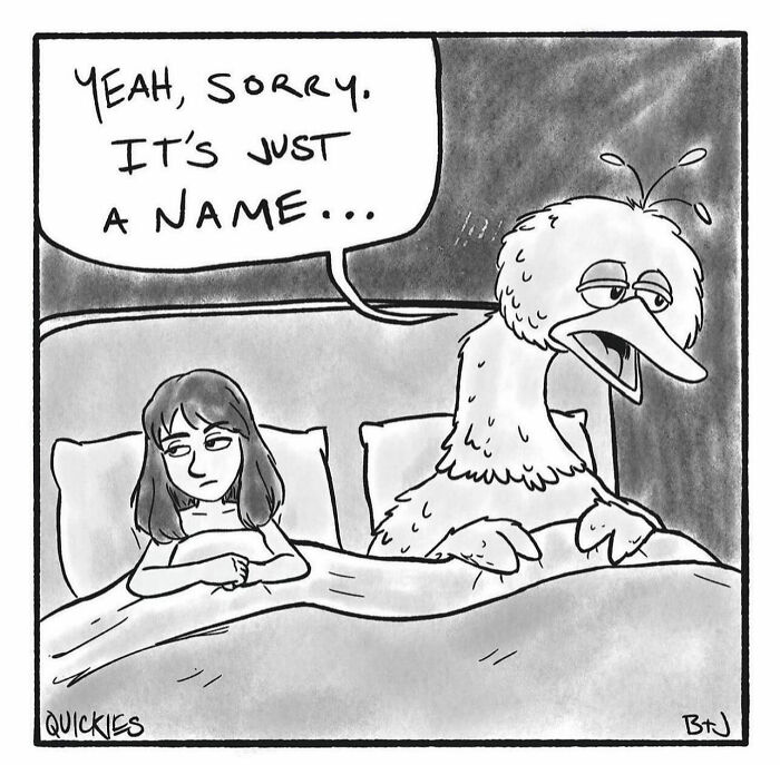 Woman in bed with a large bird having a conversation in a witty one-panel comic by artists under the name Quickies.