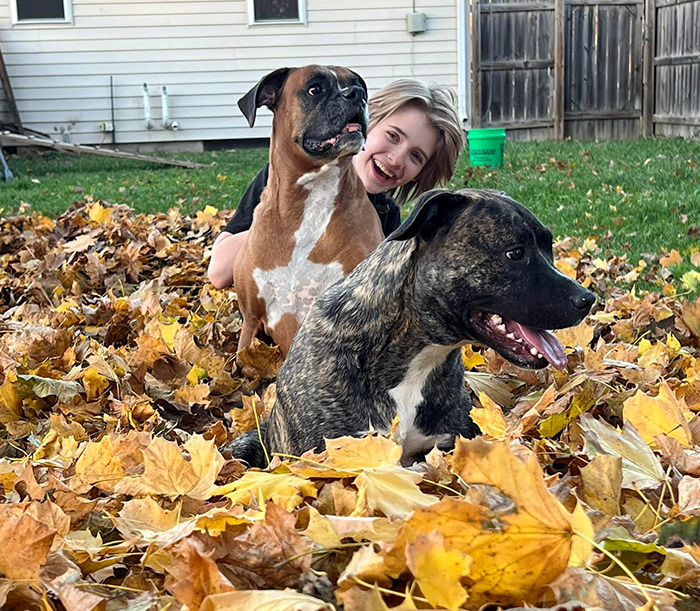 Natalie Rupnow with two dogs playing in autumn leaves. Natalie Rupnow with two dogs playing in autumn leaves.