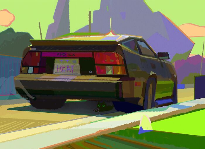Cozy plein-air painting of a car with vibrant colors and a "HEAT" license plate, capturing a serene outdoor setting.