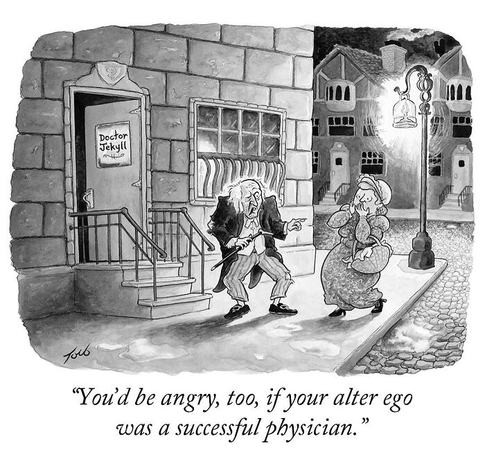 One-panel comic by Tom Toro shows a character outside Doctor Jekyll's office in a humorous street scene.