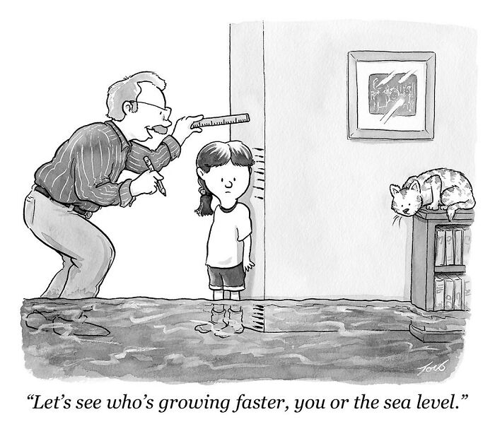 Man measures child's height compared to rising sea level in a funny Tom Toro comic.