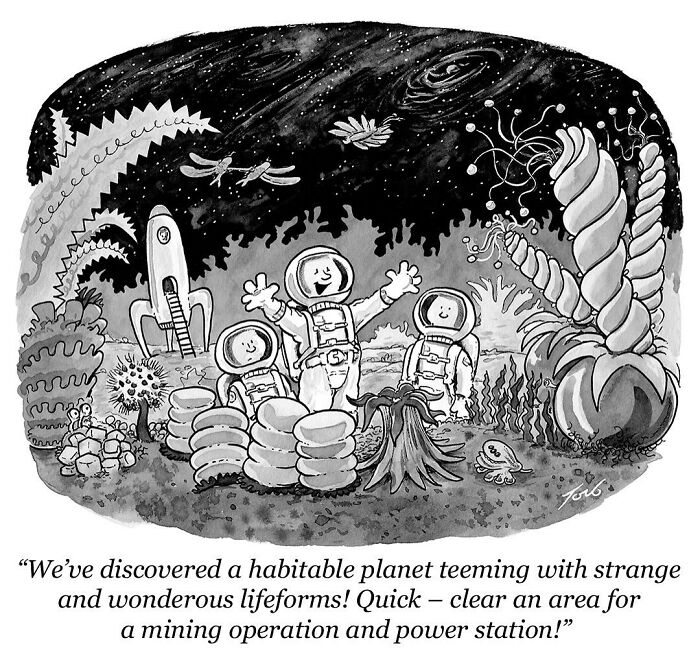 Astronauts explore a vibrant alien planet filled with unusual plants; a humorous one-panel comic by Tom Toro.