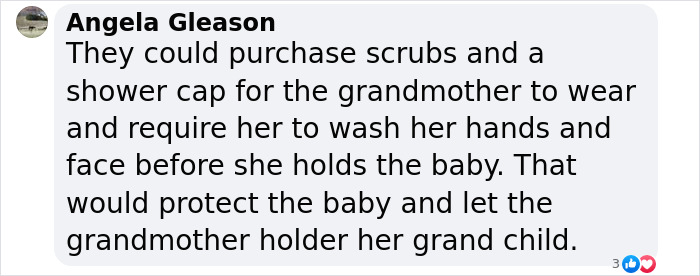 Comment discussing third-hand smoke risks for a new mom's baby, suggesting protective measures for a smoking grandmother.